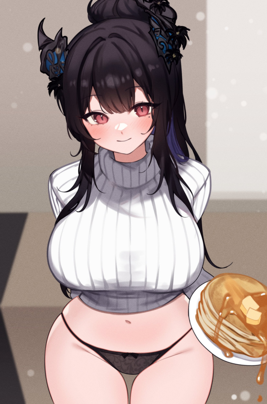 1girl absurdres alternate_costume arm_behind_back black_hair black_panties blush bow bow_panties breasts closed_mouth colored_inner_hair cowboy_shot cropped_sweater curvy food from_above highres holding holding_food hololive hololive_english horns large_breasts long_sleeves looking_at_viewer multicolored_hair navel nerissa_ravencroft pancake pancake_stack panties ponytail purple_hair red_eyes ribbed_sweater sidelocks sky_above_me smile solo sweater taut_sweater thigh_gap turtleneck turtleneck_sweater underwear virtual_youtuber white_sweater wide_hips