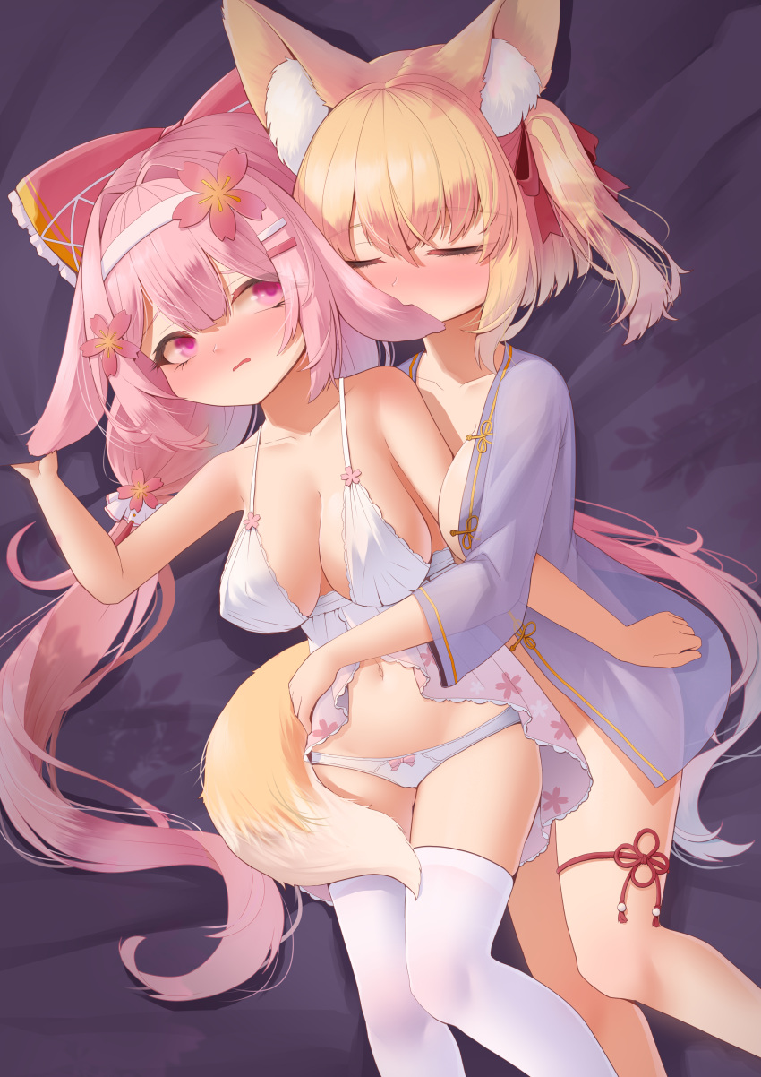 2girls absurdres animal_ear_fluff animal_ears arm_between_breasts arm_up between_breasts biting blonde_hair blue_shirt blush bottomless bow bow_panties breasts camisole cleavage closed_eyes ear_biting flower fox_ears fox_girl fox_tail hair_bow hair_flower hair_ornament hairband highres hug hug_from_behind karv large_breasts long_hair low_twintails lying multiple_girls navel on_side one_side_up original panties pink_eyes pink_hair rabbit_ears rabbit_girl ribbon sheet_grab shirt stomach tail thighhighs thighs twintails underwear underwear_only very_long_hair white_camisole white_panties white_thighhighs yuri