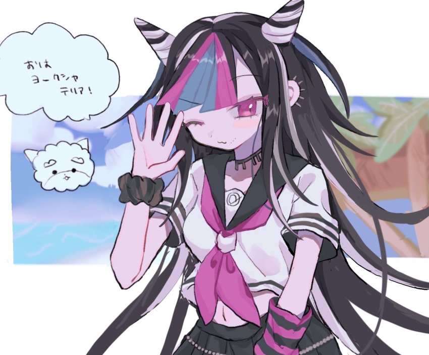 1girl ;3 black_hair black_sailor_collar black_scrunchie black_skirt danganronpa_(series) danganronpa_2:_goodbye_despair ear_piercing green_hair hair_horns hand_up highres mioda_ibuki navel neckerchief one_eye_closed palm_tree piercing pink_eyes pink_hair pink_neckerchief pleated_skirt sailor_collar scrunchie shirt short_sleeves skirt smile solo speech_bubble translation_request tree u_u_(16557) upper_body white_background white_hair white_shirt wrist_scrunchie