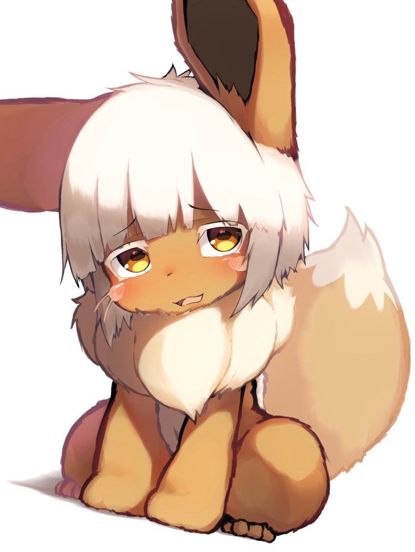 absurd_res ambiguous_gender blush brown_body brown_fur crossover dipstick_tail eevee feral fluffy fur fusion hair hi_res horizontal_pupils hybrid kemono long_ears looking_at_viewer made_in_abyss mammal monotone_hair multicolored_body multicolored_fur multicolored_tail nanachi narehate neck_tuft nintendo nude open_mouth paws pok&eacute;mon pok&eacute;mon_(species) pupils simple_background sitting solo tabhead tuft two_tone_body two_tone_fur video_games whiskers white_background white_body white_fur white_hair yellow_eyes
