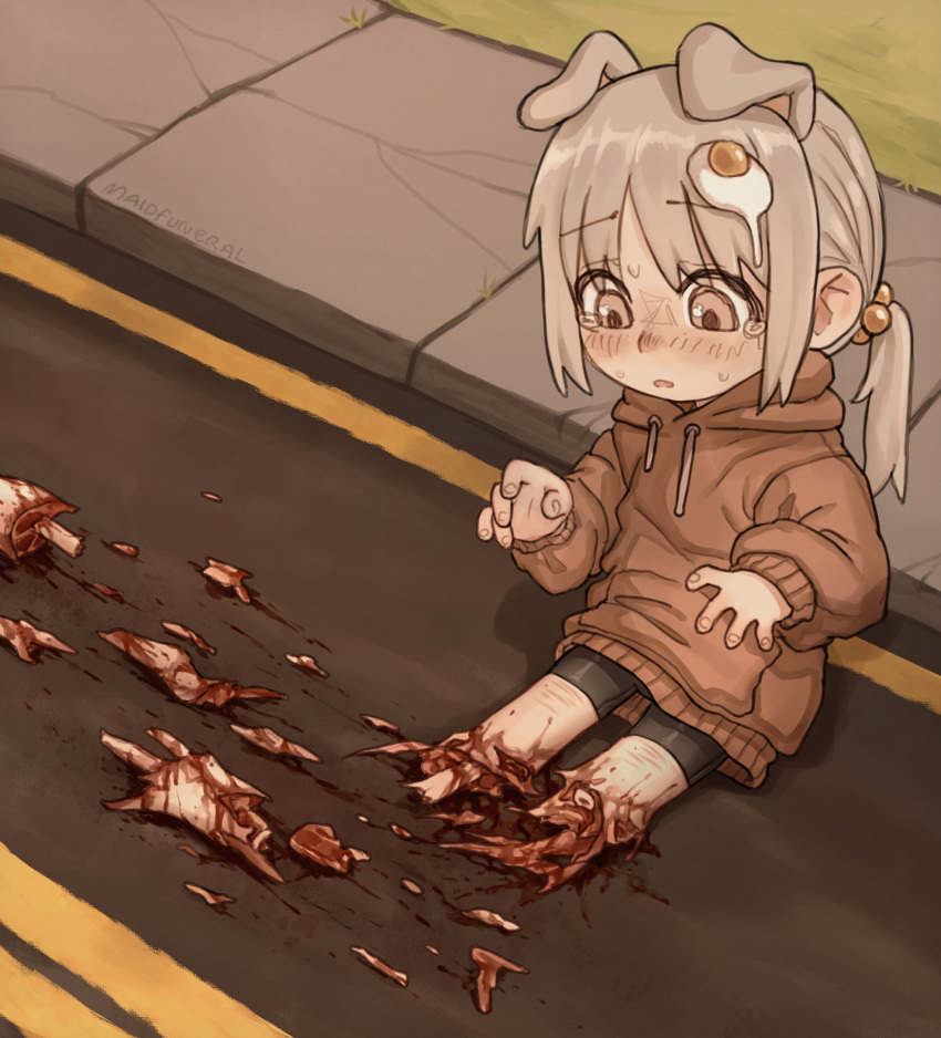 1girl absurdres accident animal_ears bike_shorts blood dog_ears dog_girl egg_hair_ornament exposed_bone exposed_muscle food-themed_hair_ornament funny_(syrupmelty) grey_eyes grey_hair guro hair_ornament highres hood hoodie looking_down original parted_lips road self-harm_scar severed_leg severed_limb sitting solo sweat syrupmelty tearing_up