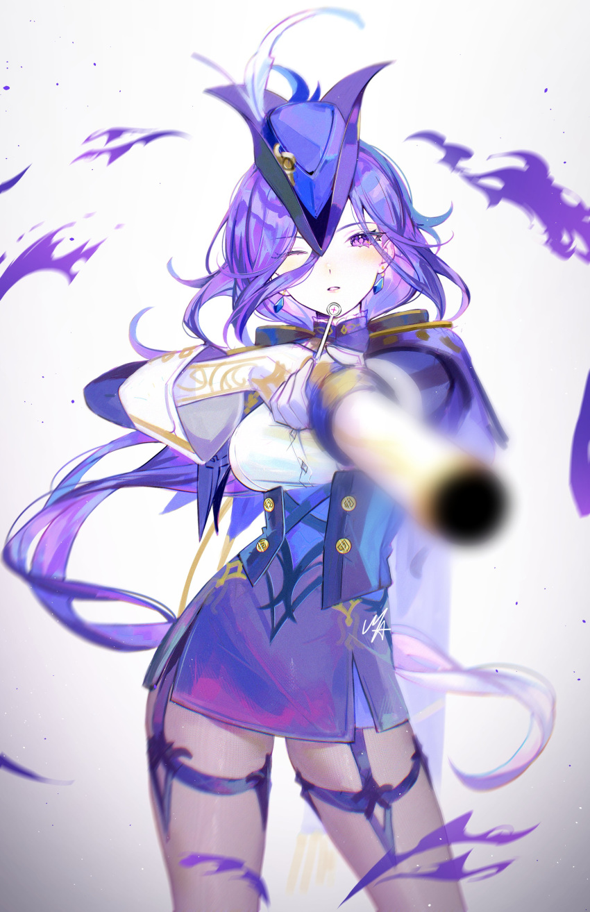 1girl absurdres ani_019 blurry blurry_background clorinde_(genshin_impact) cowboy_shot genshin_impact gloves gun hat hat_feather high-waist_skirt highres holding holding_gun holding_weapon long_hair looking_at_viewer miniskirt one_eye_closed pantyhose parted_lips purple_eyes purple_hair purple_skirt shirt skirt solo standing thigh_strap tricorne very_long_hair weapon white_gloves white_shirt