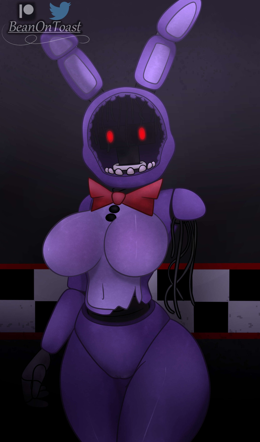 2023 absurd_res animatronic anthro artist_name beanontoast big_breasts bow_tie breasts crossgender curvy_figure detailed_background digital_drawing_(artwork) digital_media_(artwork) featureless_breasts female five_nights_at_freddy's five_nights_at_freddy's_2 genitals hi_res inside lagomorph leporid long_ears looking_at_viewer machine mammal mtf_crossgender multicolored_body nude patreon patreon_logo purple_body pussy rabbit red_eyes robot scottgames segmented_arms segmented_body solo thick_thighs twitter twitter_logo two_tone_body voluptuous watermark wide_hips wire withered_bonnie_(fnaf)