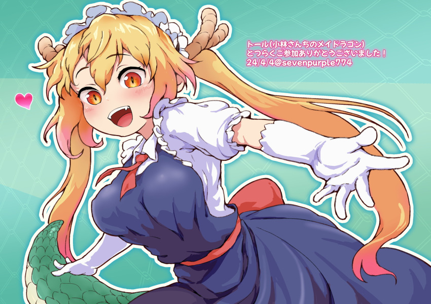 1girl :d blonde_hair blue_dress blush breasts commentary_request dated dragon_girl dragon_horns dragon_tail dress elbow_gloves fangs gloves gradient_hair green_background hair_between_eyes heart horns kobayashi-san_chi_no_maidragon large_breasts long_hair looking_at_viewer maid maid_headdress multicolored_hair nana_murasaki_(sevenpurple) necktie open_mouth orange_eyes outstretched_arms pink_hair puffy_short_sleeves puffy_sleeves red_necktie scales shirt short_necktie short_sleeves simple_background slit_pupils smile solo tail teeth tohru_(maidragon) translation_request twintails upper_body upper_teeth_only white_gloves white_shirt