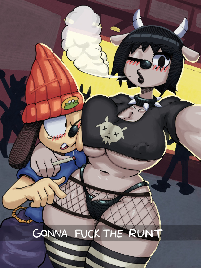 absurd_res anthro big_breasts black_clothing black_eyes black_hair black_legwear black_lipstick black_thigh_highs black_thong black_topwear black_underwear blue_clothing blue_topwear blush blush_lines bodily_fluids bottomwear bovid breasts canid canine canis caprine cigarette cleavage clothed clothing collar domestic_dog donutnaz duo face_on_breast female fishnet_bottomwear fishnet_clothing fur grey_horn hair hat headgear headwear hi_res holding_cigarette holding_object horn huge_breasts legwear lipstick looking_at_viewer makeup male mammal navel nipple_outline nipple_piercing nipples one_eye_closed open_mouth pants parappa parappa_the_rapper pattern_clothing pattern_legwear pattern_thigh_highs piercing purple_bottomwear purple_clothing purple_pants rammy_lamb red_clothing red_hat red_headwear selfie sheep short_hair smoke sony_corporation sony_interactive_entertainment spiked_collar spikes striped_clothing striped_legwear striped_thigh_highs stripes tan_body tan_fur tears text thick_thighs thigh_highs thong topwear um_jammer_lammy under_boob underwear white_clothing white_legwear white_thigh_highs wide_hips