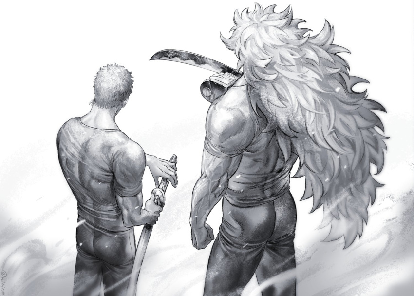 2boys ass back_muscles cowboy_shot facing_away fighting_stance from_behind greyscale holding holding_sword holding_weapon killer_(one_piece) long_hair male_focus monochrome multiple_boys nisir0 one_piece pants ready_to_draw roronoa_zoro shirt short_hair side-by-side sword tight_clothes tight_shirt trait_connection very_long_hair wavy_hair weapon