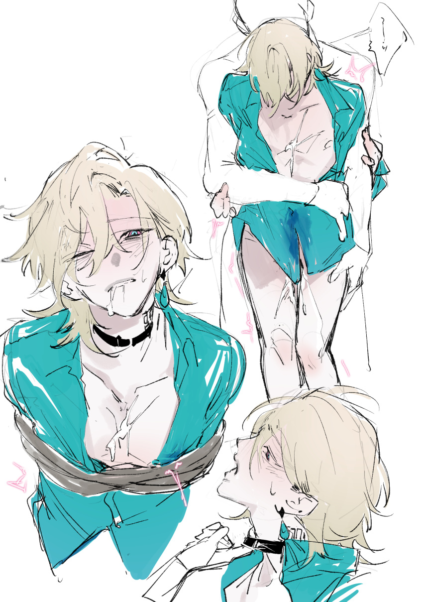 2boys aqua_shirt aventurine_(honkai:_star_rail) bdsm blonde_hair bondage bound collar collared_shirt cum cum_in_mouth cum_on_body cum_on_male cum_on_pectorals cumdrip highres honkai:_star_rail honkai_(series) male_focus medium_hair mob multiple_boys neck_tattoo no_pants pectorals rape rope shirt simple_background stained_clothes sweat tattoo user_krmr4547 white_background yaoi