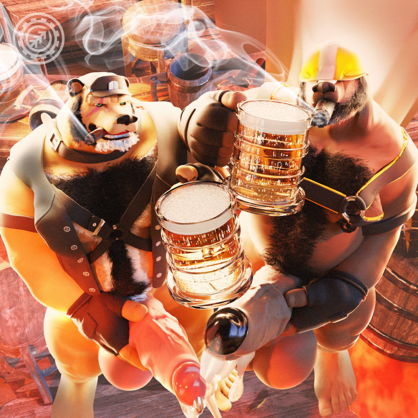 3d_(artwork) alcohol anthro arm_strap armor balls bar barazoku bear beard beer beer_glass beer_keg belly beverage big_balls big_penis black_nose blender_(artwork) blender_(disambiguation) bodily_fluids body_hair brent_(n0rdbara) chest_hair cigar clothing collar cum detailed_background digital_media_(artwork) drinking duo ejaculation erection facial_hair fingerless_gloves fur furniture genital_fluids genital_piercing genitals gloves hair handwear hard_hat harness hat headgear headwear helmet hi_res huge_balls huge_penis humanoid_genitalia humanoid_penis hybrid hyper hyper_genitalia hyper_penis lit_cigar looking_at_viewer male male/male mammal markings mephitid multicolored_body multicolored_fur muscular muscular_anthro muscular_male n0rdbara nipples nude obscured_eyes open_mouth overweight overweight_anthro overweight_male pecs penis penis_piercing piercing pub riseson scar skunk smoking stool straps vein veiny_penis