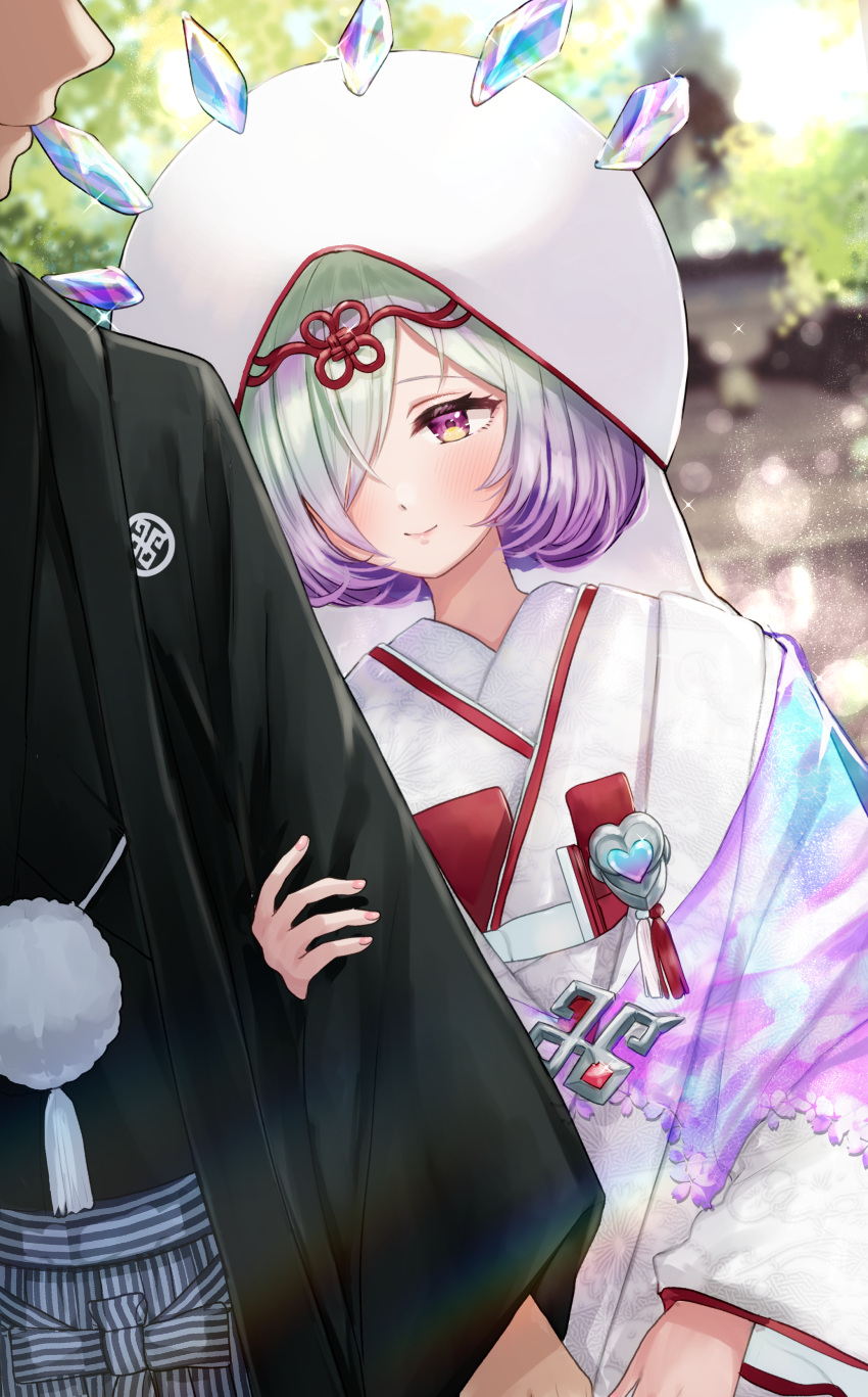 1boy 1girl absurdres black_kimono bride circlet commentary_request crystal eyelashes eyeshadow faceless faceless_male fire_emblem fire_emblem_heroes floral_print floral_print_kimono grabbing_another's_arm green_eyes green_hair groom hair_over_one_eye hakama highres holding_another's_arm hood hooded_kimono japanese_clothes kimono kvasir_(fire_emblem) lipstick makeup multicolored_hair nail_polish purple_eyes purple_hair rainbow shawl short_hair shrine smile tori_ririisu two-tone_hair uchikake wedding white_kimono yellow_eyes