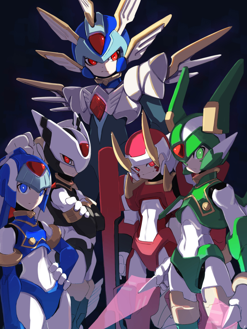 1girl 4boys absurdres android armor blue_armor blue_eyes blue_helmet commentary copy_x_(mega_man) crossed_arms dual_wielding energy_sword eye_mask facial_mark fairy_leviathan_(mega_man) fighting_fefnir_(mega_man) fins forehead_jewel green_armor green_eyes green_helmet group_picture head_fins head_wings helmet hidden_phantom_(mega_man) highres holding holding_sword holding_weapon horns looking_at_viewer mechanical_wings mega_man_(series) mega_man_zero_(series) multiple_boys ninja omochi_(mochi_skymega) orange_armor orange_helmet purple_armor purple_helmet red_eyes sage_harpuia_(mega_man) smile smirk sword weapon white_armor white_helmet wings