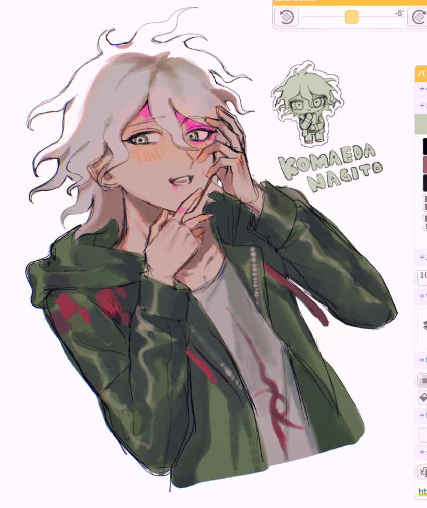 1boy :d amam0_0iii blood blood_on_face blush brown_eyes character_name collarbone danganronpa_(series) danganronpa_2:_goodbye_despair green_jacket grey_hair grey_shirt highres hood hood_down jacket komaeda_nagito long_sleeves male_focus medium_hair multiple_views open_clothes open_jacket pink_blood print_shirt shirt simple_background smile teeth