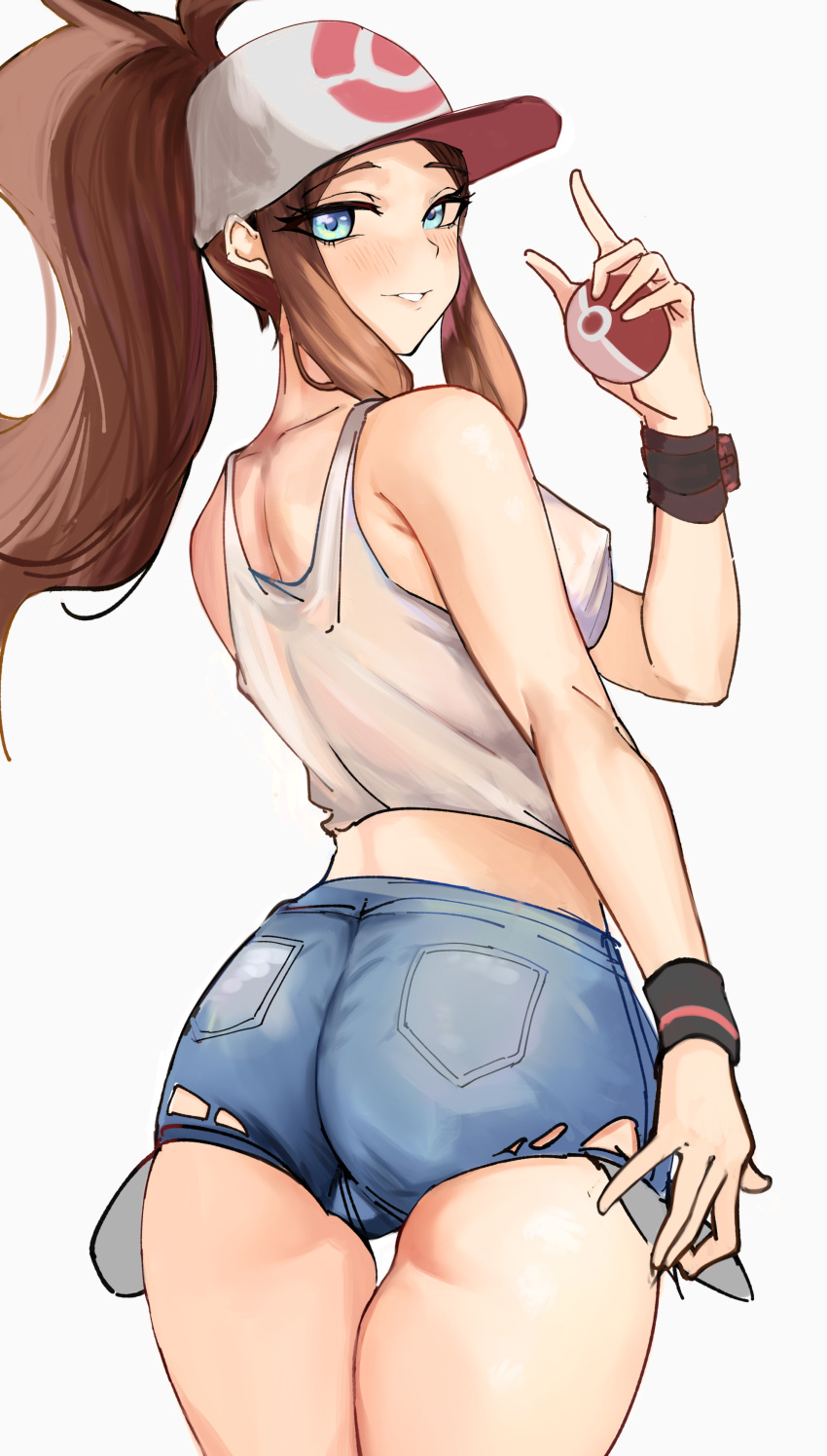 1girl absurdres ass bare_shoulders baseball_cap blue_eyes blue_shorts blush breasts brown_hair cowboy_shot cutoffs denim denim_shorts from_behind hand_up hat high_ponytail highres hilda_(pokemon) holding holding_poke_ball looking_at_viewer looking_back medium_breasts midriff nero_watch parted_lips poke_ball pokemon pokemon_bw short_shorts shorts sidelocks simple_background skindentation solo tank_top thighs white_background white_tank_top