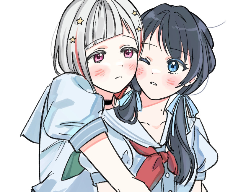 2girls black_choker black_hair blue_eyes blue_ribbon blush bob_cut cheek-to-cheek choker closed_mouth colored_inner_hair commentary diagonal_bangs dollchestra dress frown green_neckerchief grey_hair hair_ornament hair_ribbon hasu_no_sora_school_uniform heads_together highres hug hug_from_behind idgukgu link!_like!_love_live! long_hair looking_at_another loose_hair_strand love_live! low_twintails mole mole_on_neck multicolored_hair multiple_girls murano_sayaka neckerchief parted_lips pink_eyes red_hair red_neckerchief ribbon sailor_collar school_uniform short_hair short_sleeves simple_background star_(symbol) star_hair_ornament streaked_hair summer_uniform twintails virtual_youtuber white_background white_dress white_sailor_collar yugiri_tsuzuri yuri