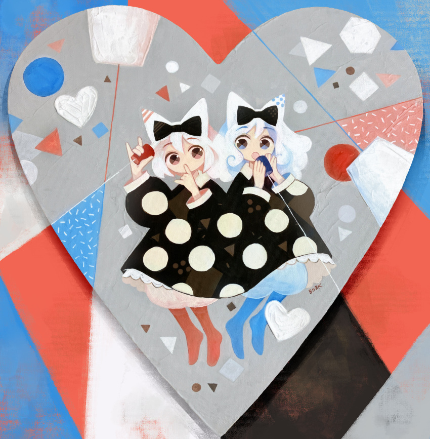 2girls :o absurdres acrylic_gouache_(medium) animal_ears binzoko_paroma black_background black_bow black_dress bloomers blue_background blue_eyes blue_pantyhose bow brown_eyes collared_dress commentary_request dress english_commentary finger_to_mouth gouache_(medium) hair_bow hands_up heart heart_background highres holding long_hair long_sleeves looking_at_viewer medium_hair mixed-language_commentary multicolored_background multiple_girls open_mouth orange_pantyhose original painting_(medium) pantyhose polka_dot polka_dot_dress puffy_long_sleeves puffy_sleeves red_background short_hair string_phone traditional_media triangle white_hair