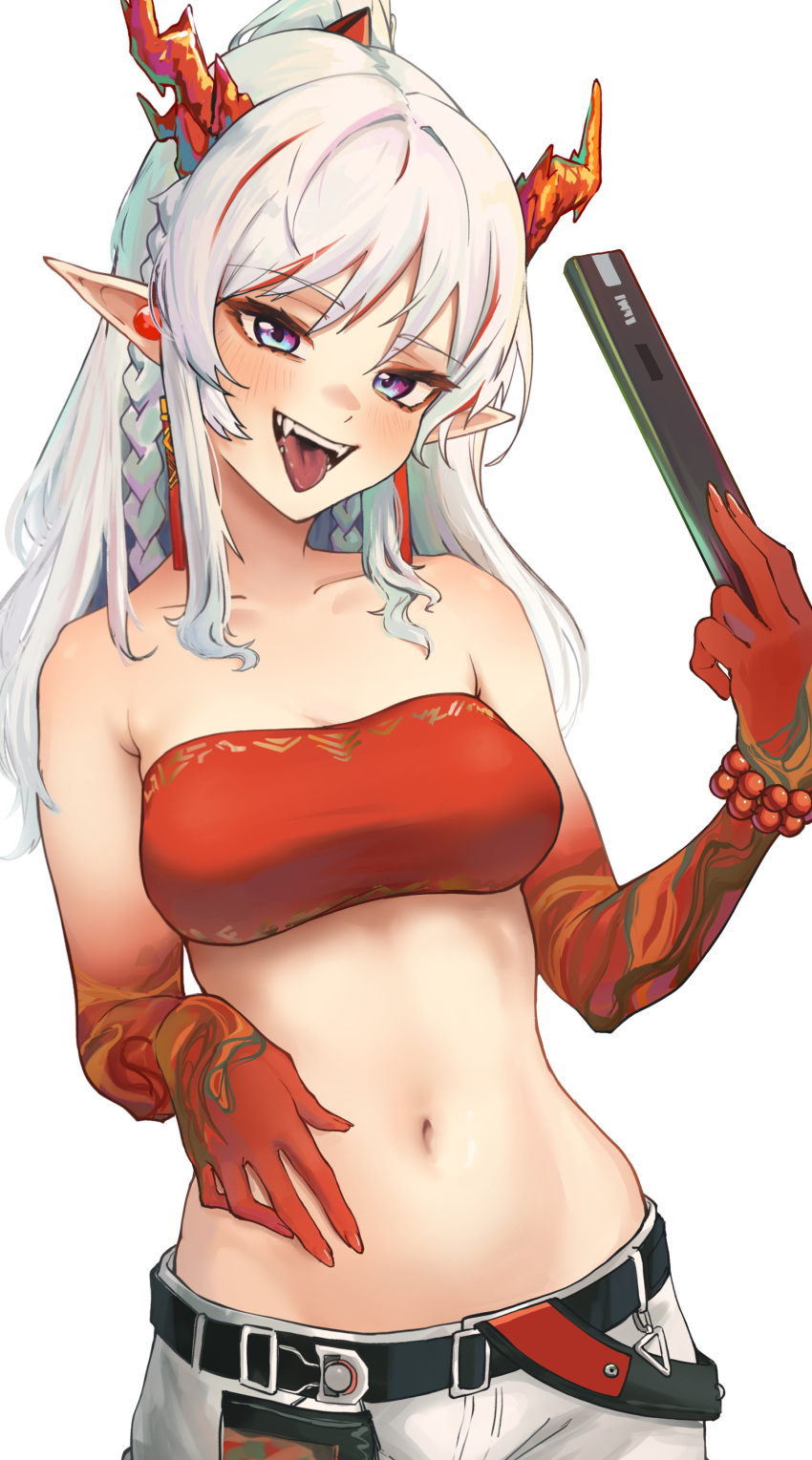 1girl :p absurdres arknights belt black_belt blue_eyes blush braid breasts cleavage crop_top dragon_girl dragon_horns fangs hair_between_eyes hands_up highres horns long_hair looking_at_viewer medium_breasts midriff multicolored_hair navel nian_(arknights) orange_hair radioneet red_hair shorts solo stomach strapless streaked_hair tongue tongue_out tube_top twin_braids white_hair white_shorts