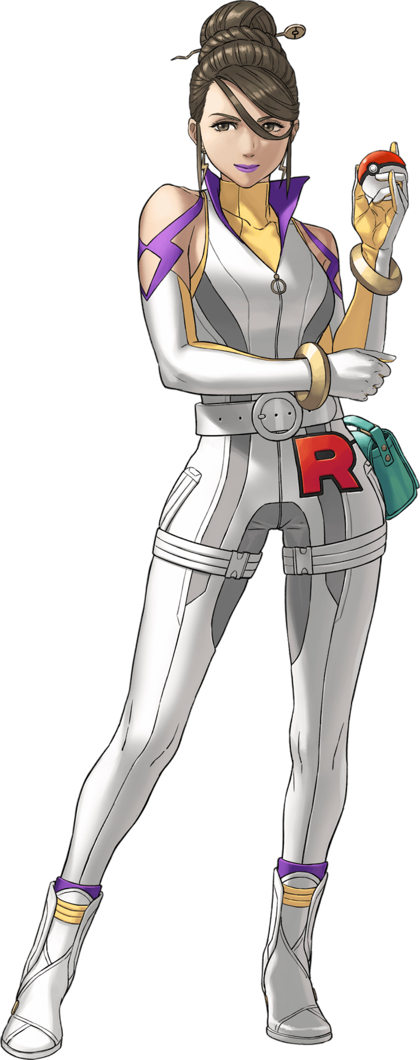 1girl absurdres bag bare_shoulders belt bodysuit boots brown_eyes brown_hair eyeshadow full-length_zipper gloves hair_bun hair_ornament hairpin highres long_sleeves makeup nintendo poke_ball pokemon pokemon_go purple_lips sierra_(pokemon) single_hair_bun skin_tight solo team_rocket white_belt white_bodysuit white_footwear zipper zipper_pull_tab