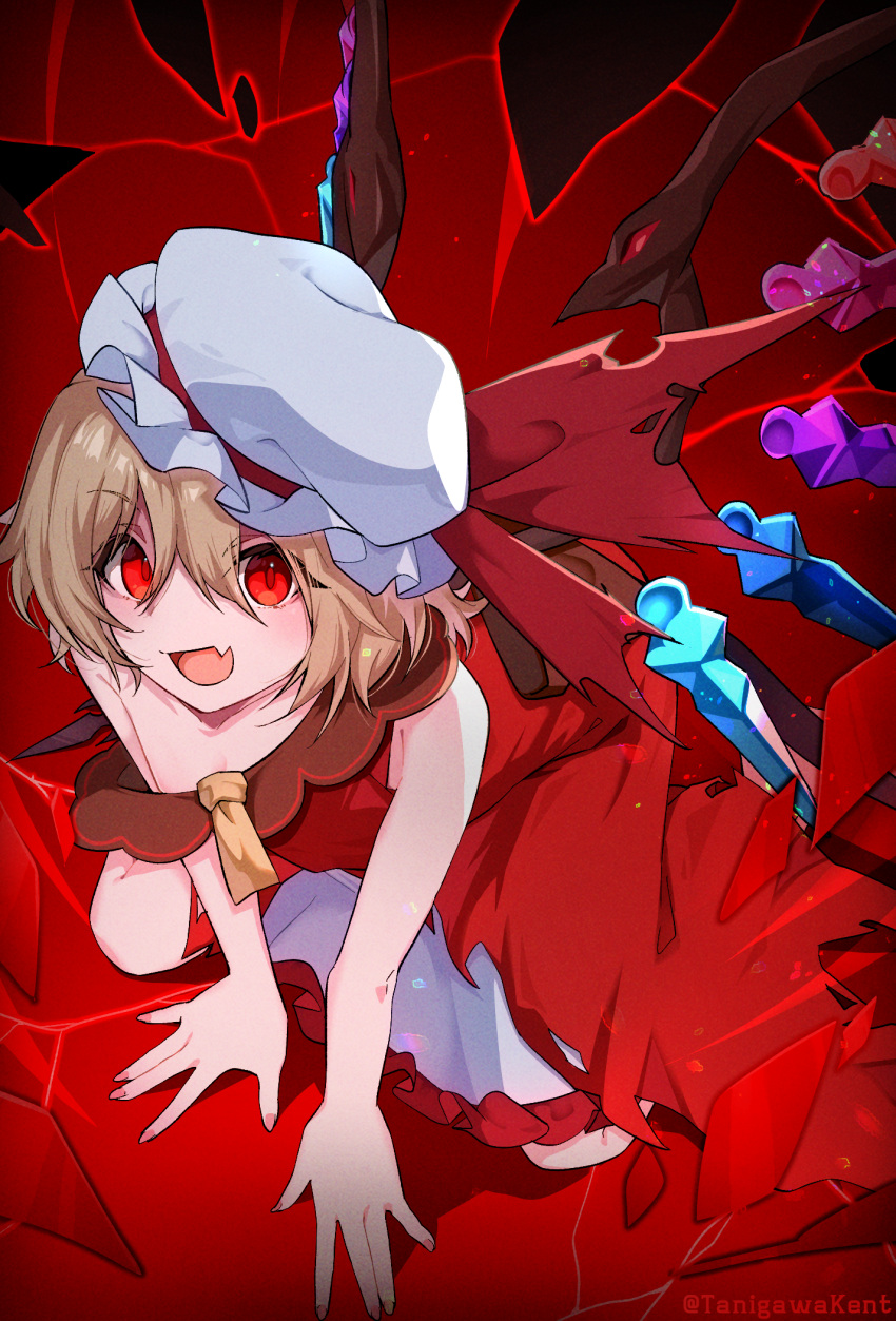 1girl ascot blonde_hair crystal_wings dress fang flandre_scarlet from_above highres open_mouth red_dress red_eyes short_hair single_bare_shoulder skin_fang solo tanigawa_kent touhou touhou_gensou_eclipse white_mob_cap yellow_ascot