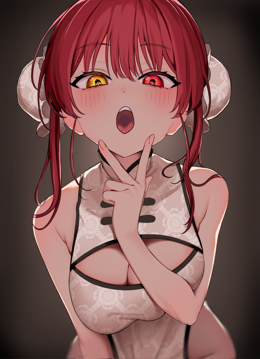 1girl bare_shoulders blush breasts china_dress chinese_clothes cleavage double_bun dress groin hair_bun heterochromia highres hikentai0112 hololive houshou_marine long_hair looking_at_viewer open_mouth red_eyes red_hair sleeveless sleeveless_dress solo teeth tongue twintails v virtual_youtuber yellow_eyes