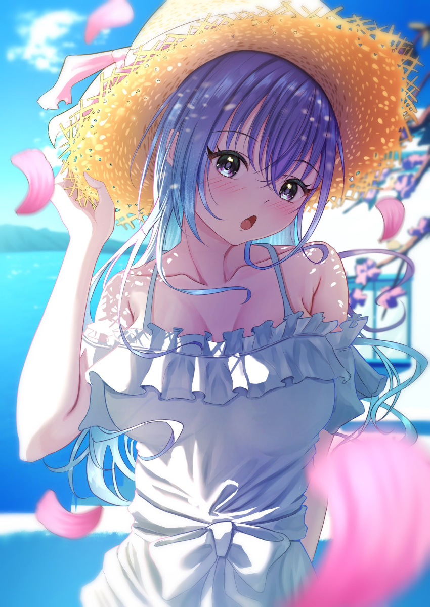 1girl :o arm_behind_back bare_shoulders blue_hair blurry blush breasts collarbone depth_of_field dress falling_petals hat highres idolmaster idolmaster_shiny_colors long_hair looking_at_viewer medium_breasts misanga_(hxjd5354) off-shoulder_dress off_shoulder outdoors petals solo straw_hat suzuki_hana upper_body very_long_hair white_dress