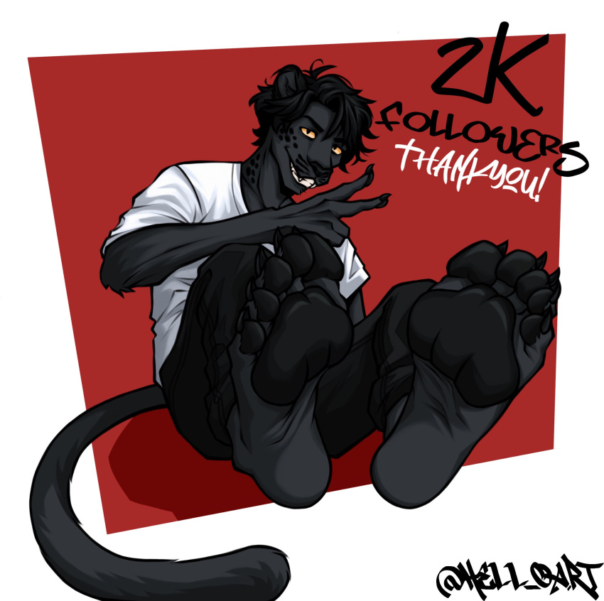 5_toes anthro black_body black_fur black_pawpads claws clothed clothing feet felid feline foot_fetish foot_focus fur hell_oart hi_res male mammal pantherine pawpads solo toes twitter yellow_eyes