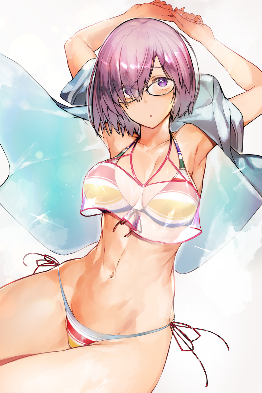 1girl absurdres armpits arms_up bare_shoulders bikini blush breasts cleavage collarbone crop_top crop_top_overhang fate/grand_order fate_(series) glasses hair_over_one_eye highres large_breasts lavender_hair looking_at_viewer mash_kyrielight navel nishiide_kengorou open_clothes open_mouth purple_eyes rainbow_bikini sheer_clothes short_hair short_sleeves simple_background swimsuit swimsuit_of_perpetual_summer_ver.02 thighs white_background