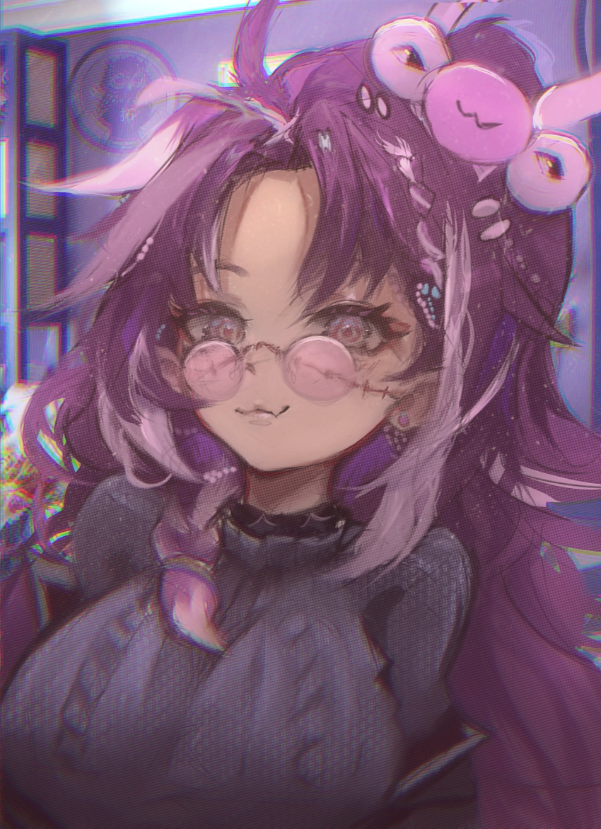 1girl :3 absurdres ahoge black_shirt earrings fang glasses highres jared_(michi_mochievee) jewelry long_hair looking_at_viewer michi_mochievee multicolored_hair purple_hair shirt skin_fang smile stitched_face stitches streaked_hair stud_earrings taku_artworks virtual_youtuber vshojo white_hair