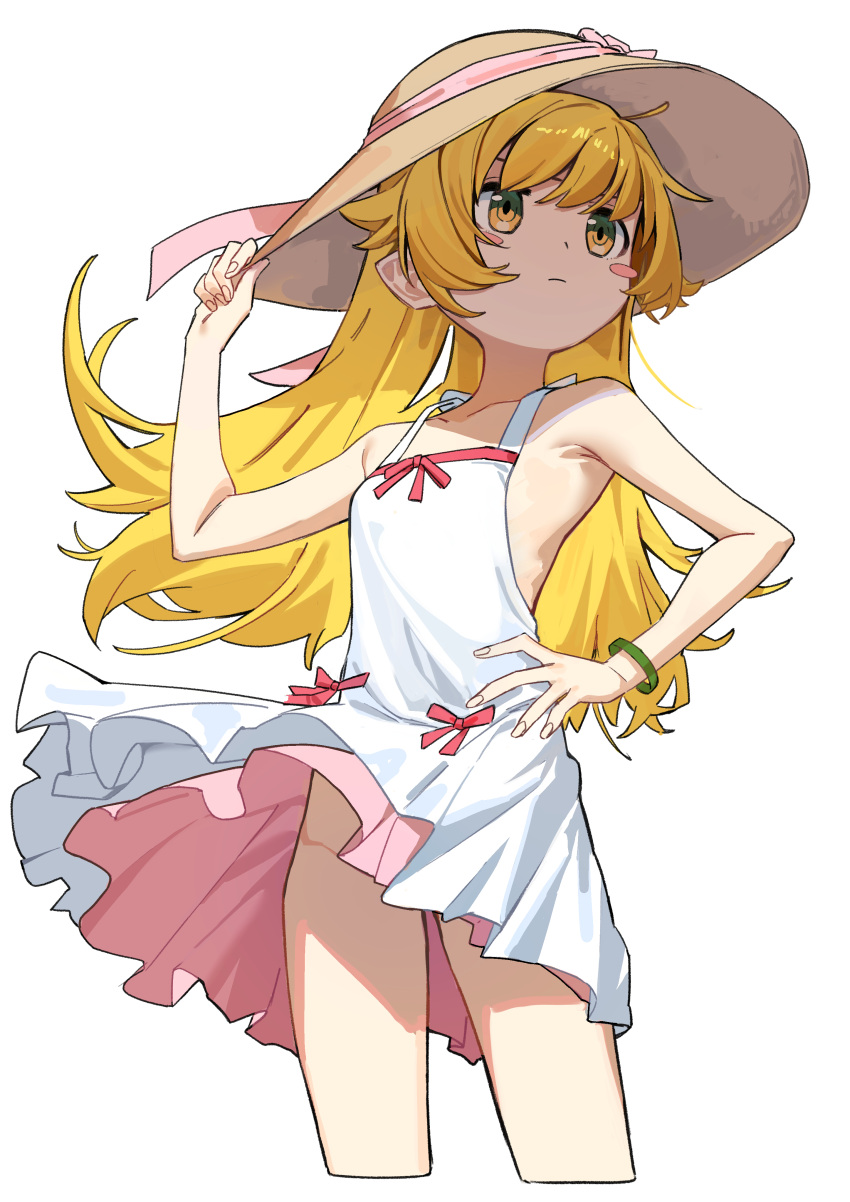 1girl absurdres blonde_hair blush_stickers brown_hat closed_mouth collarbone commentary_request dress fingernails flat_chest hand_on_own_hip haruyuki_(gffewuoutgblubh) hat highres long_hair monogatari_(series) oshino_shinobu simple_background sleeveless sleeveless_dress solo thighs white_background white_dress yellow_eyes