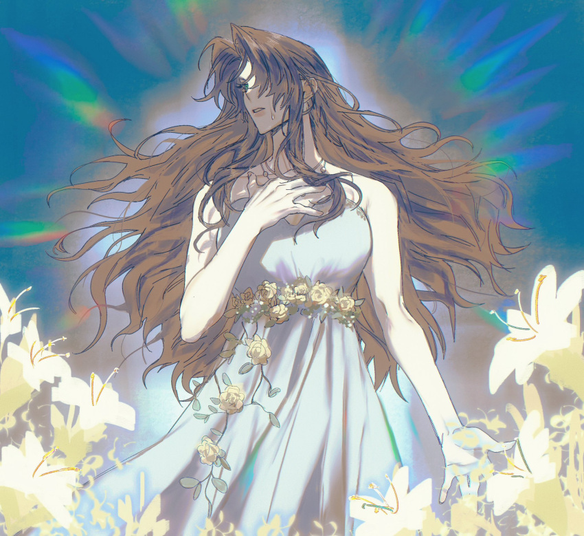 1girl aerith_gainsborough aerith_gainsborough_(white_floral_dress) bare_arms bare_shoulders breasts brown_hair cleavage crying dress dress_flower final_fantasy final_fantasy_vii final_fantasy_vii_rebirth final_fantasy_vii_remake flower green_eyes hair_over_one_eye hand_on_own_chest highres lily_(flower) long_dress long_hair medium_breasts moyanwxy official_alternate_costume parted_bangs parted_lips rose sidelocks solo tears upper_body wavy_hair yellow_flower yellow_rose