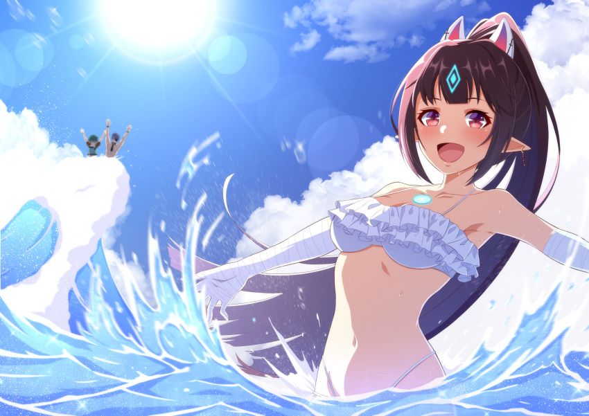 1boy 2girls :d animal_ears armpits arms_up bandaged_arm bandages bare_shoulders bikini black_hair blue_sky blush breasts cleavage cloud collarbone commentary_request day earrings fake_animal_ears fox_ears frilled_bikini frills gem glowing highleg highleg_bikini highres jewelry kasane_(xenoblade) lens_flare long_hair looking_at_viewer mebi_(mebieru) medium_breasts multiple_girls navel ocean open_mouth outdoors outstretched_arms pointy_ears ponytail red_eyes saika_(xenoblade) sidelocks sky smile splashing stomach sun sunlight swimsuit upper_body very_long_hair wading waves xenoblade_(series) xenoblade_2 zeke_b_arutimetto_genbu