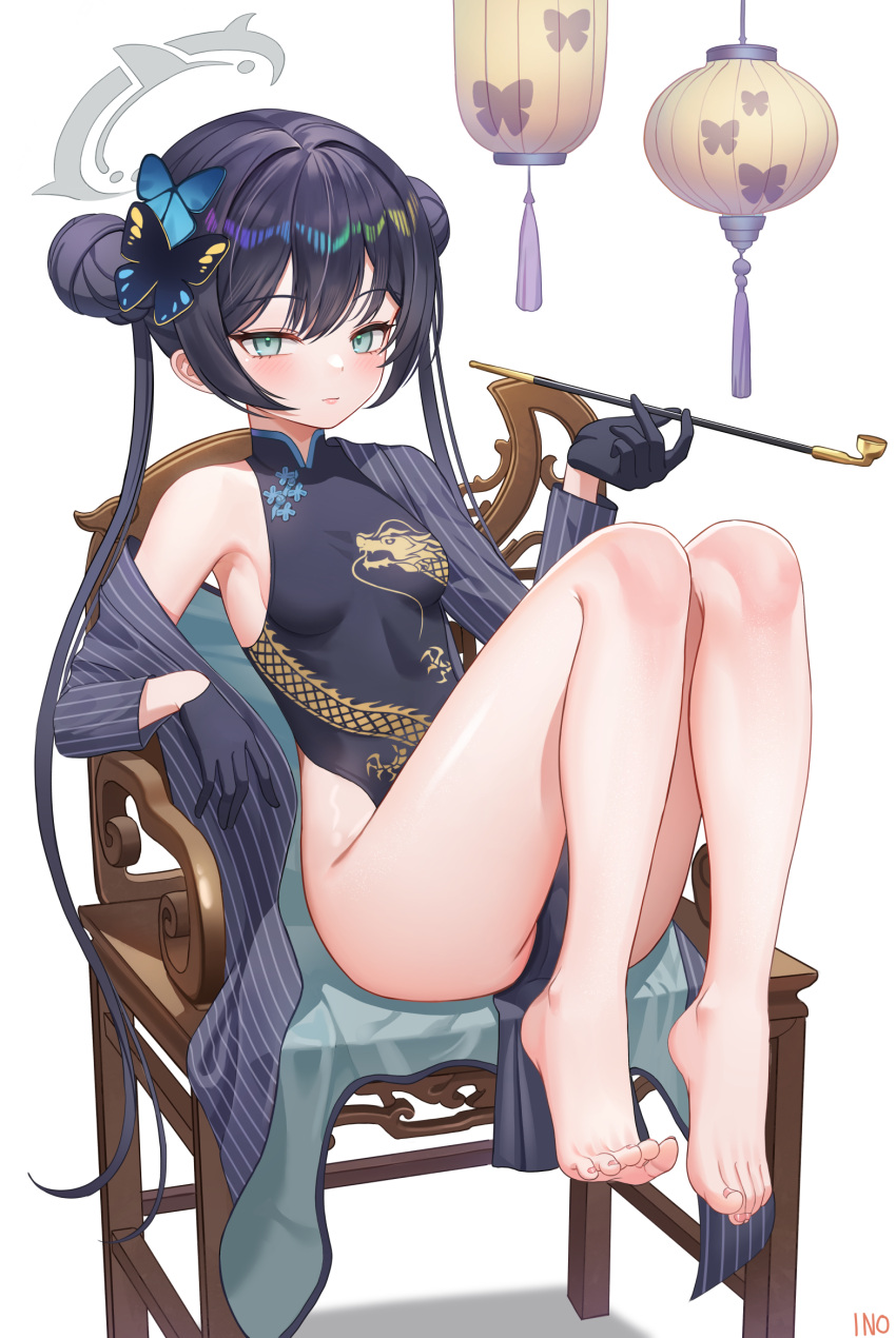 1girl armpits ass bare_legs bare_shoulders barefoot black_coat black_dress black_gloves black_hair blue_archive breasts butterfly_hair_ornament chair china_dress chinese_clothes closed_mouth coat double_bun dragon_print dress feet gloves green_eyes hair_bun hair_ornament halo hand_up highres holding iino_(isnyong) kisaki_(blue_archive) kiseru knees_up lantern legs long_hair long_sleeves looking_at_viewer no_panties off_shoulder open_clothes open_coat paper_lantern pelvic_curtain print_dress sitting sleeveless sleeveless_dress small_breasts smoking_pipe solo striped_coat thighs toes twintails very_long_hair