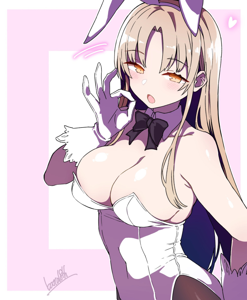 1girl animal_ear_hairband animal_ears batta_16-sei black_bow black_bowtie black_pantyhose blonde_hair bow bowtie breasts cleavage commentary_request detached_collar fake_animal_ears fellatio_gesture gloves hairband hand_out_of_frame highres large_breasts leotard nijisanji open_mouth outside_border pantyhose parted_bangs playboy_bunny rabbit_ear_hairband rabbit_ears sidelocks signature sister_claire solo upper_body white_gloves white_leotard yellow_eyes