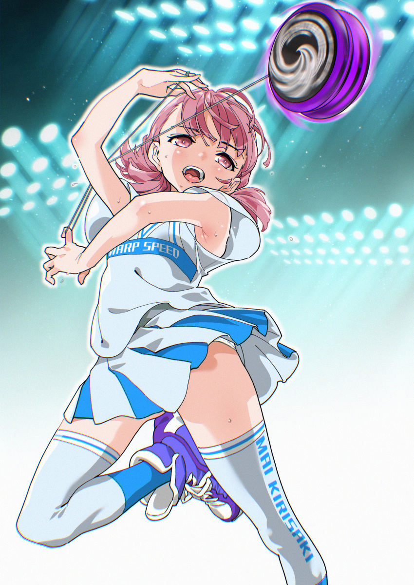 1girl absurdres armpits chousoku_spinner hashiguchi_takashi highres kirisaki_mai miniskirt open_mouth panties panty_peek pink_eyes pink_hair shirt shoes skirt sneakers solo stage_lights sweat thighhighs underwear white_panties yo-yo