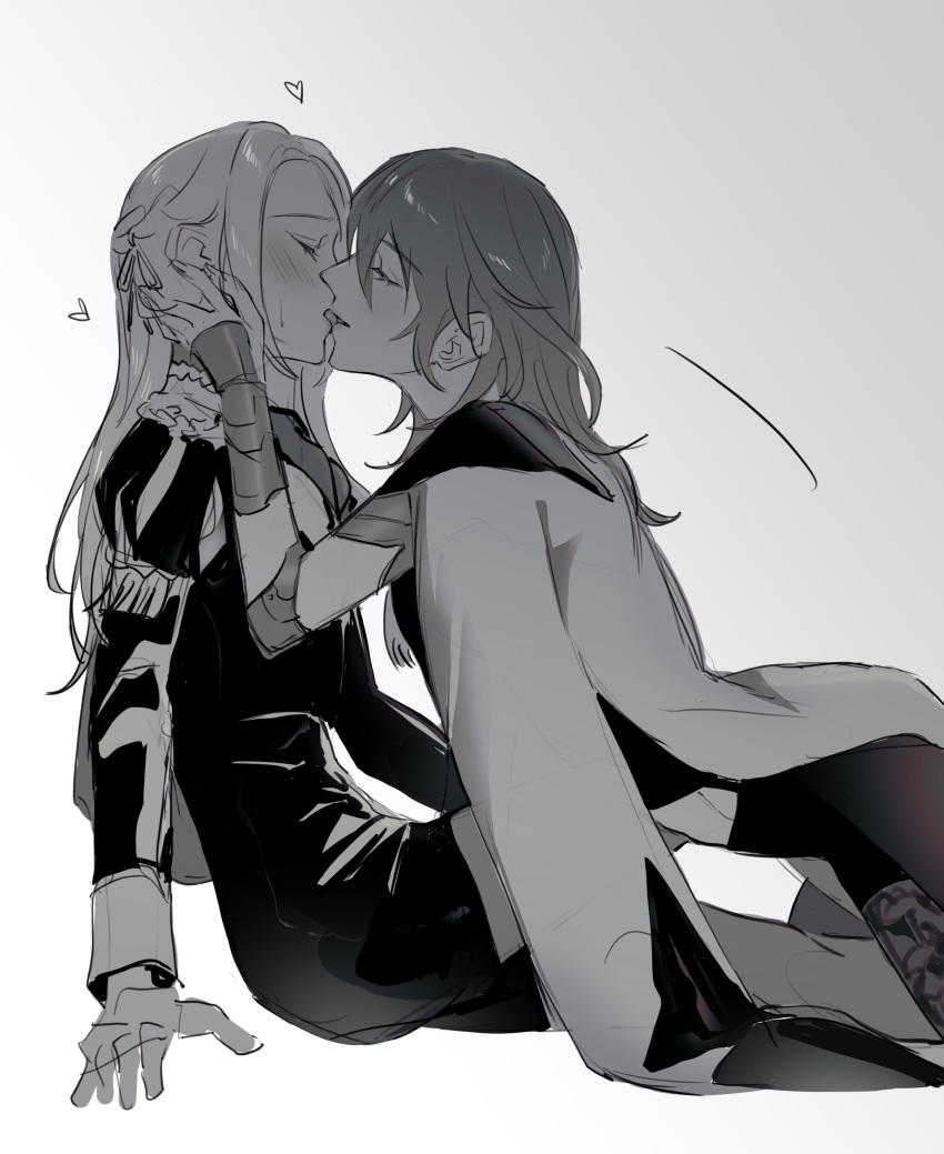 2girls absurdres blush byleth_(female)_(fire_emblem) byleth_(fire_emblem) cape closed_eyes commentary_request dress edelgard_von_hresvelg fire_emblem fire_emblem:_three_houses french_kiss from_side garreg_mach_monastery_uniform gloves greyscale hair_ribbon hand_on_another's_face heart highres juliet_sleeves kiss kneeling long_hair long_sleeves monochrome multiple_girls profile puffy_sleeves ribbon sitting sweat toho10min tongue tongue_out yuri