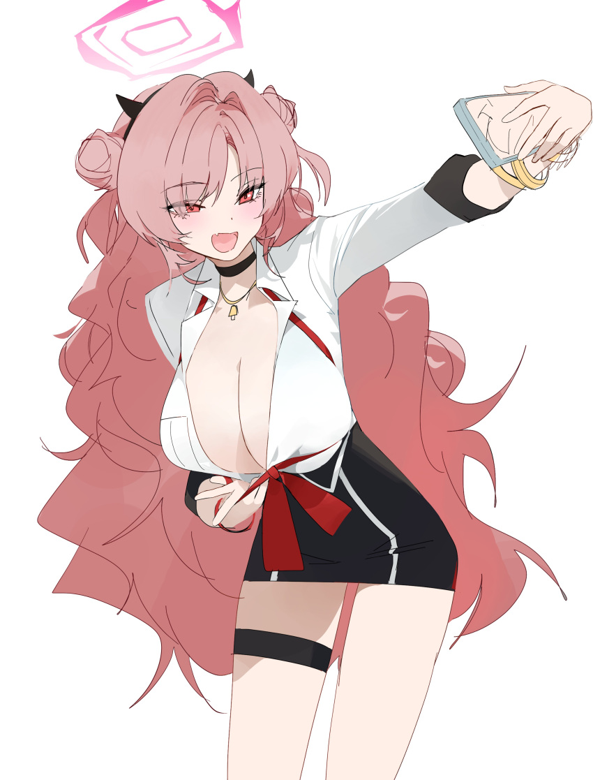 1girl absurdres black_choker black_hairband black_skirt blue_archive blush breasts cellphone choker cleavage demon_horns dokshuri double_bun fake_horns fang gyaru hair_bun hairband halo highres holding holding_phone horns kirara_(blue_archive) kogal large_breasts long_hair looking_at_phone messy_hair phone pink_hair school_uniform selfie shirt simple_background skin_fang skirt smile solo thigh_strap very_long_hair white_background white_shirt