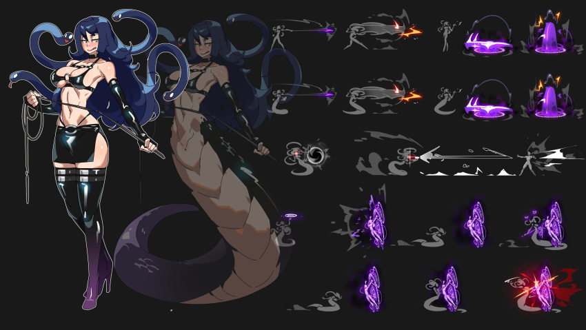 1girl black_background black_skirt blue_hair boots breasts choker commission elbow_gloves fingerless_gloves gloves high_heel_boots high_heels highres holding holding_whip lamia large_breasts licking_lips long_hair monster_girl original requin_cobalt scales shiny_clothes skirt snake_hair thigh_boots tongue tongue_out very_long_hair whip yellow_eyes