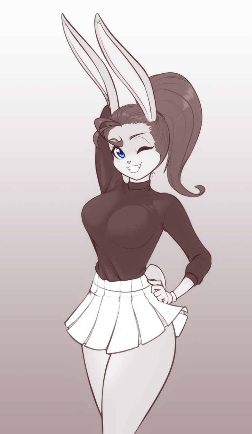 2024 absurd_res anthro blue_eyes bottomwear breasts clothing eyebrows eyelashes female hair hand_on_hip hi_res lagomorph leporid looking_at_viewer mammal one_eye_closed ponytail rabbit scorpdk skirt smile solo wink wristband