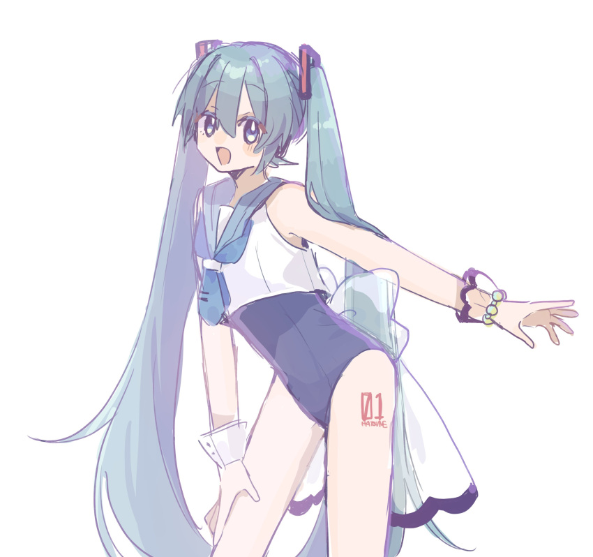 1girl :d absurdres aqua_hair bare_shoulders blue_eyes blue_necktie blue_sailor_collar blush_stickers body_writing cowboy_shot crop_top cropped_shirt hair_between_eyes hand_on_own_leg hatsune_miku highres leaning leaning_to_the_side long_hair looking_at_viewer necktie one-piece_swimsuit open_mouth outstretched_arm purple_one-piece_swimsuit rennrenn214 sailor_collar shirt short_necktie simple_background single_wrist_cuff sketch sleeveless sleeveless_shirt smile solo split_mouth standing swimsuit tie_clip twintails very_long_hair vocaloid white_background white_shirt wrist_cuffs