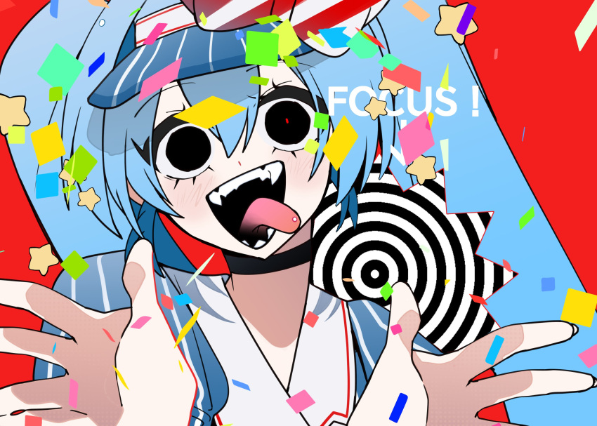 1girl :d black_choker black_eyes blue_hair blue_hat bow choker fangs fingernails hair_between_eyes hands_up hat hat_bow hatsune_miku highres light_blue_hair long_hair mesmerizer_(vocaloid) open_mouth puffy_sleeves red_background shiozaki_ise smile solo star_(symbol) striped_bow striped_clothes striped_headwear teeth tongue tongue_out twintails upper_body visor_cap vocaloid