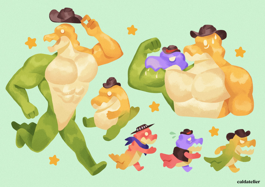 4_fingers abs absurd_res alligator alligatorid anthro artist_name biceps blue_kerchief blue_neckerchief bowler_hat brown_clothing brown_hat brown_headwear caldatelier candy chad_(tadc) clothing colored cowboy_hat crocodilian dessert digital_media_(artwork) digital_painting_(artwork) featureless_chest featureless_crotch featureless_feet feet fingers flexing flexing_bicep food food_creature glistening glistening_body glitch_productions green_body green_tail group gummigoo_(tadc) gummy_(food) gummy_creature hat headgear headwear hi_res kerchief living_candy male max_(tadc) mostly_nude_anthro mostly_nude_male multiple_images muscular muscular_anthro muscular_male neckerchief pecs purple_body red_body red_tail reptile running scalie solo_focus tail the_amazing_digital_circus tipping_hat trio yellow_body yellow_star