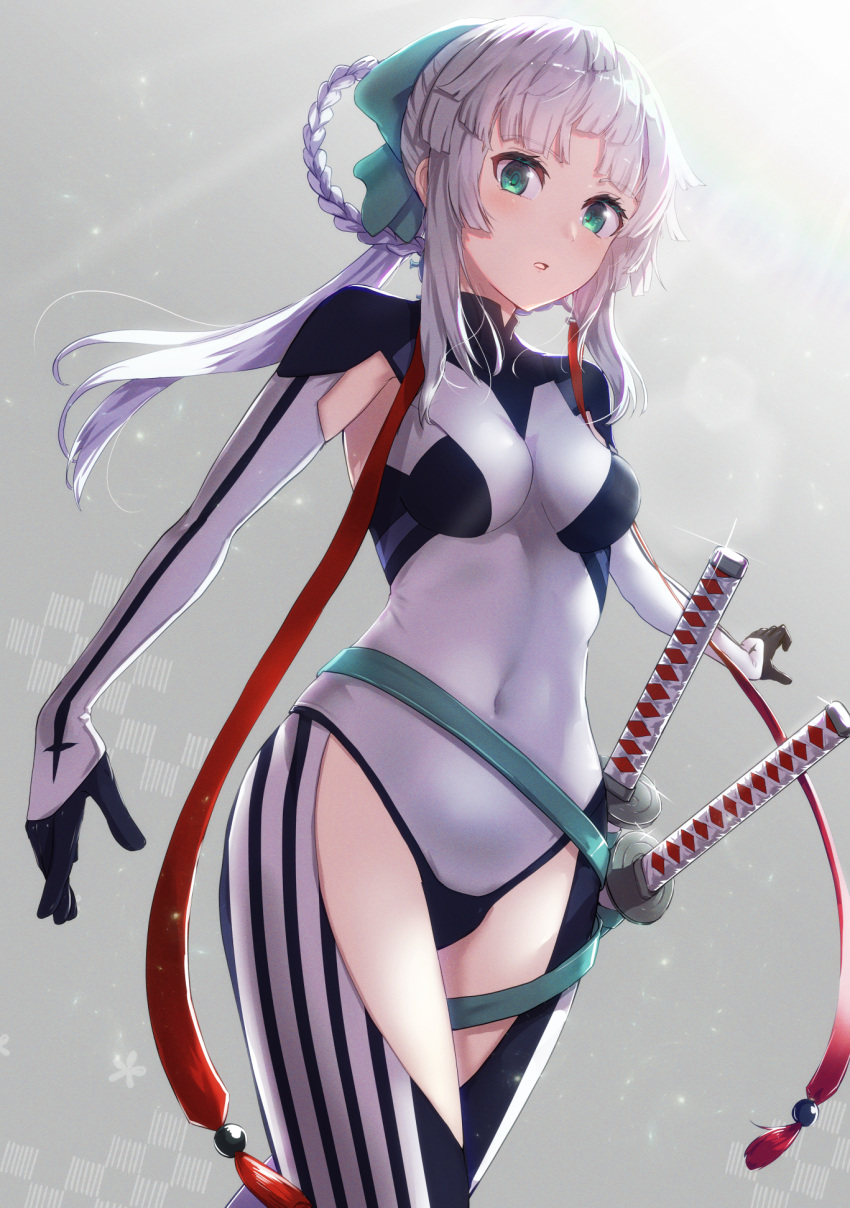 1girl armpit_cutout black_bodysuit blush bodysuit braided_hair_rings breasts clothing_cutout covered_navel fate/grand_order fate/samurai_remnant fate_(series) green_eyes grey_hair highres katana long_hair looking_at_viewer medium_breasts okina_(805197) solo sword thigh_cutout thighs two-tone_bodysuit weapon white_bodysuit yui_shousetsu_(fate) yui_shousetsu_(first_ascension)_(fate)