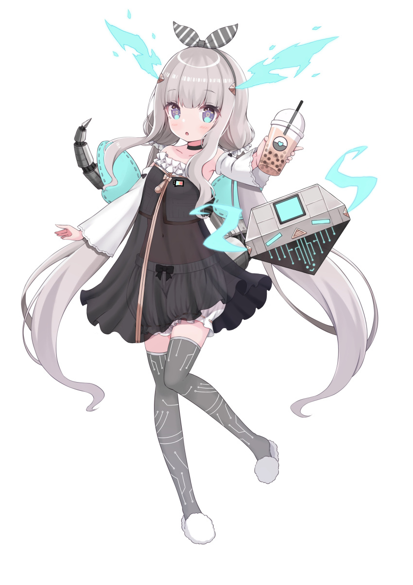 1girl absurdres alternate_hairstyle black_camisole bloomers bow bubble_tea camisole choker circuit_board_print collarbone cup detached_sleeves disposable_cup dragon_girl drink drinking_straw flat_chest grey_hair headband highres holding holding_cup holding_drink holographic_horns ibuki_meno indie_virtual_youtuber long_hair low_twintails mascot mechanical_tail navel official_alternate_costume prism_project purple_eyes second-party_source see-through siragagaga slippers solo tail thighhighs twintails white_bloomers