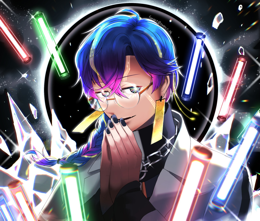 1boy beatmania_iidx black_eyes black_nails black_shirt blue_hair braid chain chain_necklace coat dr._phi earrings eye_reflection fang fingernails glasses gradient_hair hanafuda_earrings highres jewelry lab_coat long_bangs long_sleeves looking_at_viewer male_focus medium_hair mitarashi_tsukune multicolored_hair necklace open_mouth parted_bangs purple_hair reflection rimless_eyewear round_eyewear shirt single_braid skin_fang smile solo upper_body vial white_coat