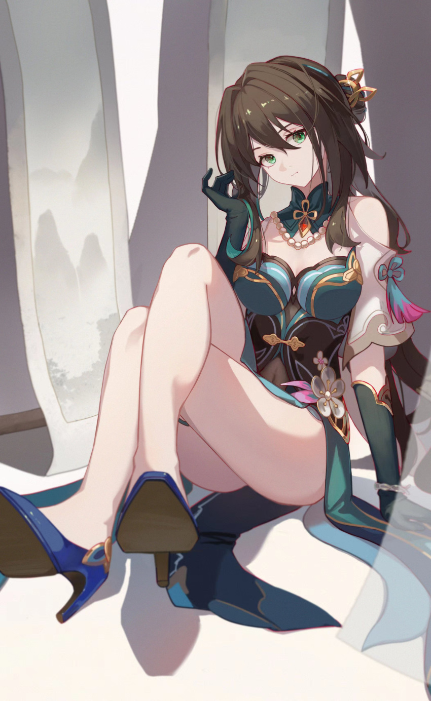 1girl absurdres aqua_dress aqua_eyes arm_support bare_arms bare_shoulders bead_necklace beads black_hair blue_footwear breasts chinese_clothes cleavage commentary_request covered_navel dress gloves hand_up head_tilt high_heels highres honkai:_star_rail honkai_(series) jewelry knees_up looking_at_viewer medium_breasts necklace niya_(niyaoooo) ruan_mei_(honkai:_star_rail) short_sleeves solo thighs