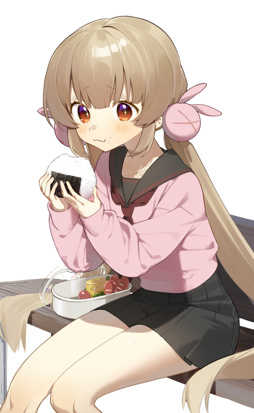 1girl bare_legs bench bento black_sailor_collar black_skirt blonde_hair cherry_tomato closed_mouth collarbone eating egg_(food) food food_on_face hair_ornament hashtag-only_commentary highres holding holding_food light_blush long_hair long_sleeves nano_(nan0ng) natori_sana neckerchief on_bench onigiri park_bench pink_sleeves pink_uniform pleated_skirt puffy_long_sleeves puffy_sleeves rabbit_hair_ornament red_eyes red_neckerchief rice rice_on_face sailor_collar sana_channel sausage skirt sleeves_past_wrists solo sparkling_eyes tareme tomato very_long_hair white_background