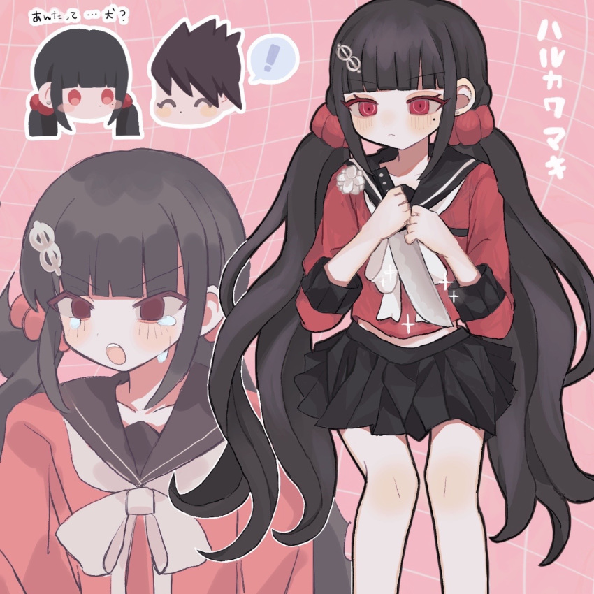 1girl black_hair black_sailor_collar black_skirt blunt_bangs blush bow bowtie danganronpa_(series) danganronpa_v3:_killing_harmony feet_out_of_frame frown hair_ornament hairclip harukawa_maki highres holding holding_knife knife long_hair long_sleeves low_twintails miniskirt mole mole_under_eye momota_kaito multiple_views pink_background pleated_skirt red_scrunchie red_shirt sailor_collar scrunchie shirt skirt spiked_hair translation_request twintails u_u_(16557) white_bow white_bowtie