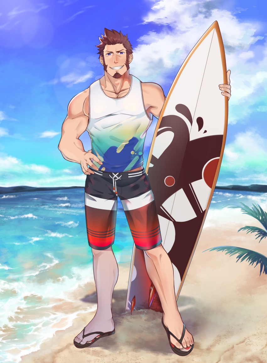 1boy abs absurdres alternate_costume bara beard blue_eyes brown_hair chest cloud cloudy_sky day facial_hair fate/grand_order fate_(series) french_flag_swimsuit full_body hand_on_hip highres icelernd looking_at_viewer male_focus muscle napoleon_bonaparte_(fate/grand_order) nipple_slip nipples ocean pectorals sandals scar shorts sky smile solo surfboard swimsuit tank_top