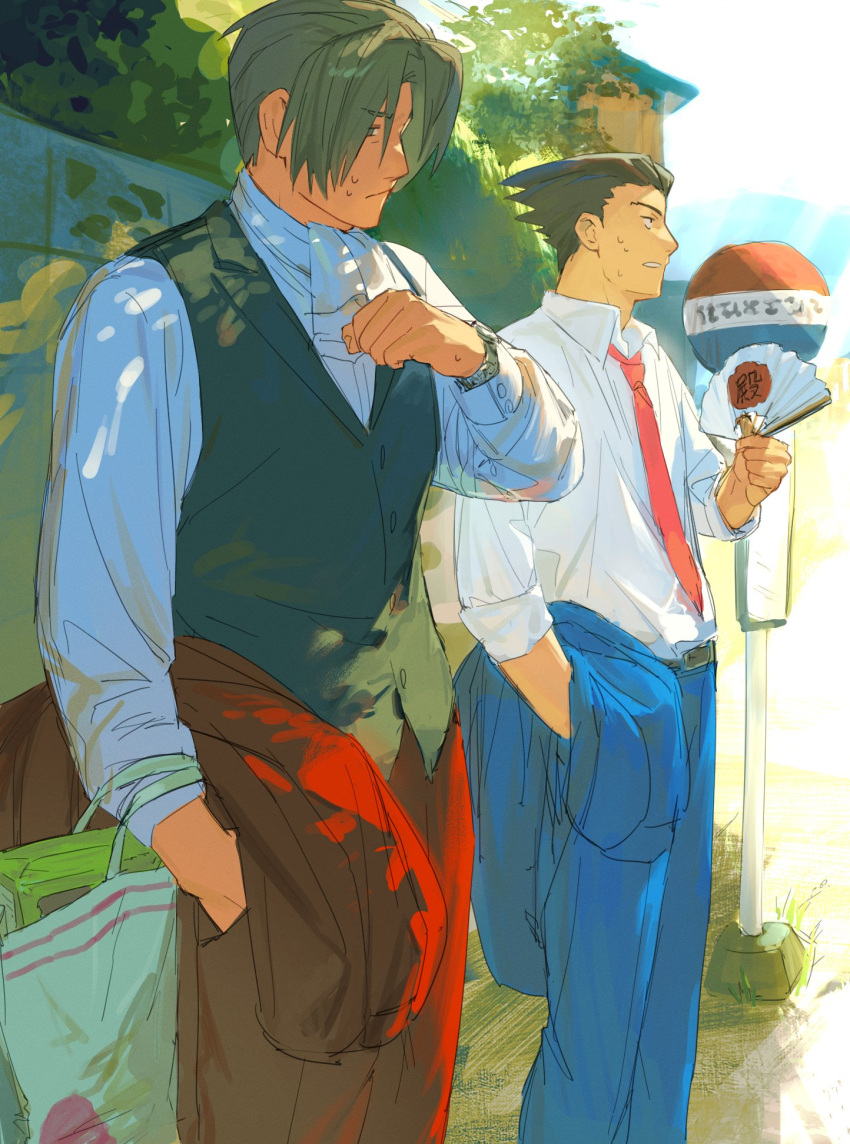 2boys ace_attorney ascot bag black_hair blue_jacket blue_pants closed_mouth collared_shirt day grey_hair hand_fan hand_in_pocket highres holding holding_clothes holding_jacket jacket kalappo_empty long_sleeves male_focus miles_edgeworth multiple_boys necktie outdoors pants phoenix_wright red_jacket red_necktie red_pants shirt sign spiked_hair standing sweat unworn_jacket vest white_shirt