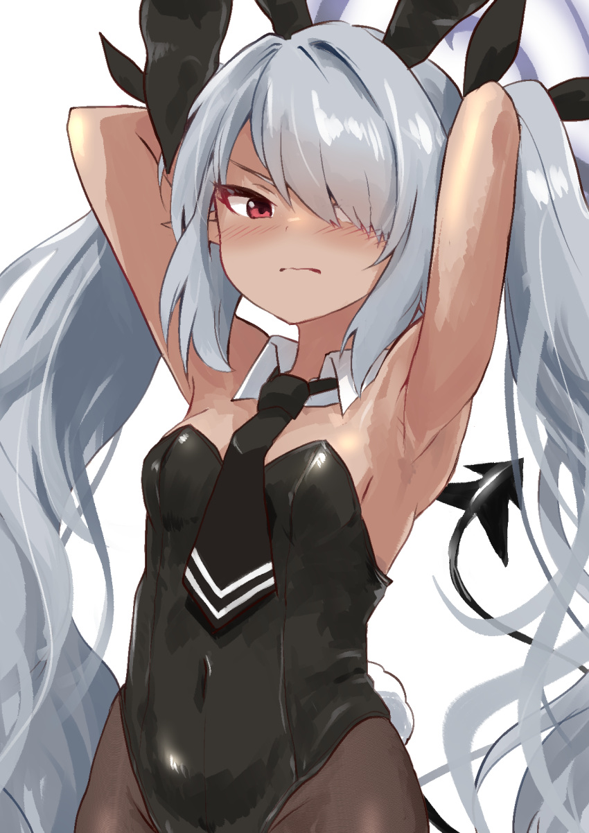 1girl animal_ears armpits arms_up bare_shoulders black_leotard black_necktie black_pantyhose black_tail blue_archive blush breasts dark-skinned_female dark_skin demon_tail detached_collar grey_hair hair_over_one_eye hair_ribbon halo highleg highleg_leotard highres iori_(blue_archive) kurosaki_kousuke leotard long_hair looking_at_viewer necktie pantyhose playboy_bunny pointy_ears purple_halo rabbit_ears rabbit_tail red_eyes ribbon simple_background small_breasts solo strapless strapless_leotard tail twintails very_long_hair white_background