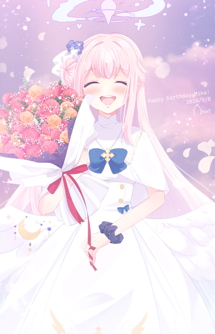 1girl ^_^ absurdres blue_archive blush bouquet capelet closed_eyes dress facing_viewer falling_petals feathered_wings hair_bun halo highres holding holding_bouquet long_hair mika_(blue_archive) petals pink_hair scrunchie single_side_bun smile solo very_long_hair white_capelet white_dress white_wings wings wrist_scrunchie yahagi_(yui1251)