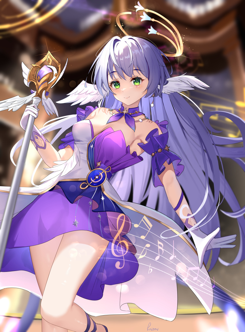 1girl absurdres aqua_eyes bare_shoulders closed_mouth detached_sleeves dress earrings eternal1223 gloves halo hand_up head_wings highres holding honkai:_star_rail honkai_(series) jewelry long_hair looking_at_viewer musical_note purple_dress purple_hair robin_(honkai:_star_rail) short_sleeves smile standing two-tone_dress white_dress white_gloves white_wings wings